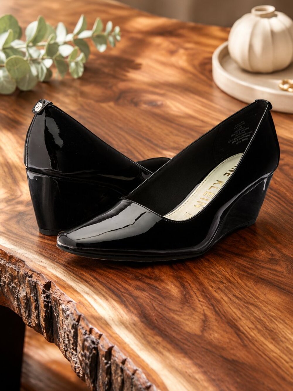Anne Klein Akirelina Wedge 8.5M Pumps Black Patent Comfort Heels Womens NWT